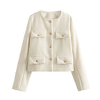Flapoque Cropped Utility Jacket – Women Collarless Button Front Casual Office Autumn Cropped Jacket