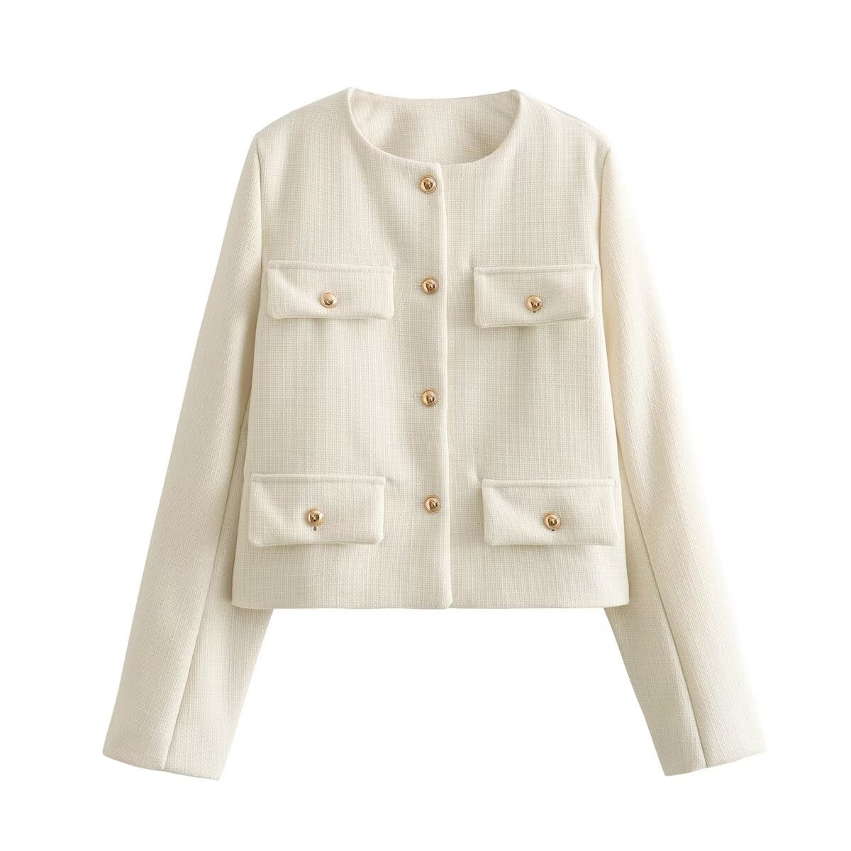 Flapoque Cropped Utility Jacket – Women Collarless Button Front Casual Office Autumn Cropped Jacket