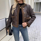 Shearyn Cropped Shearling Trim Jacket – Women Teddy Fleece Button Front Casual Office Collarless Crop Jacket
