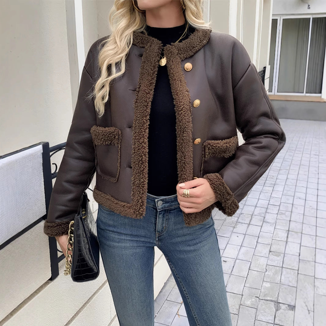Shearyn Cropped Shearling Trim Jacket – Women Teddy Fleece Button Front Casual Office Collarless Crop Jacket