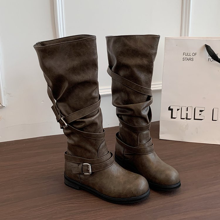 Triplux Buckle Strap Knee-High Boots – Women Flat Slouchy Mid-Calf Chunky Biker Boots