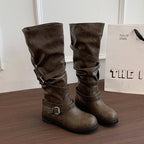 Triplux Buckle Strap Knee-High Boots – Women Flat Slouchy Mid-Calf Chunky Biker Boots