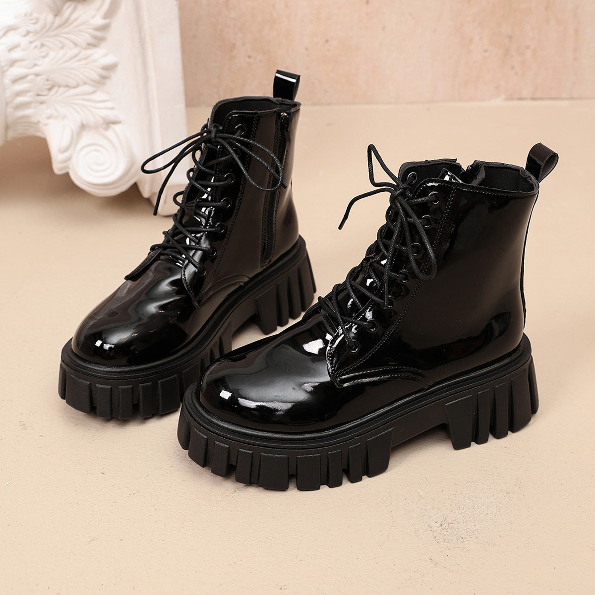 Tredriga Lace-Up Platform Ankle Boots – Patent Leather Chunky Sole Women Streetwear Grunge Combat Ankle Boots