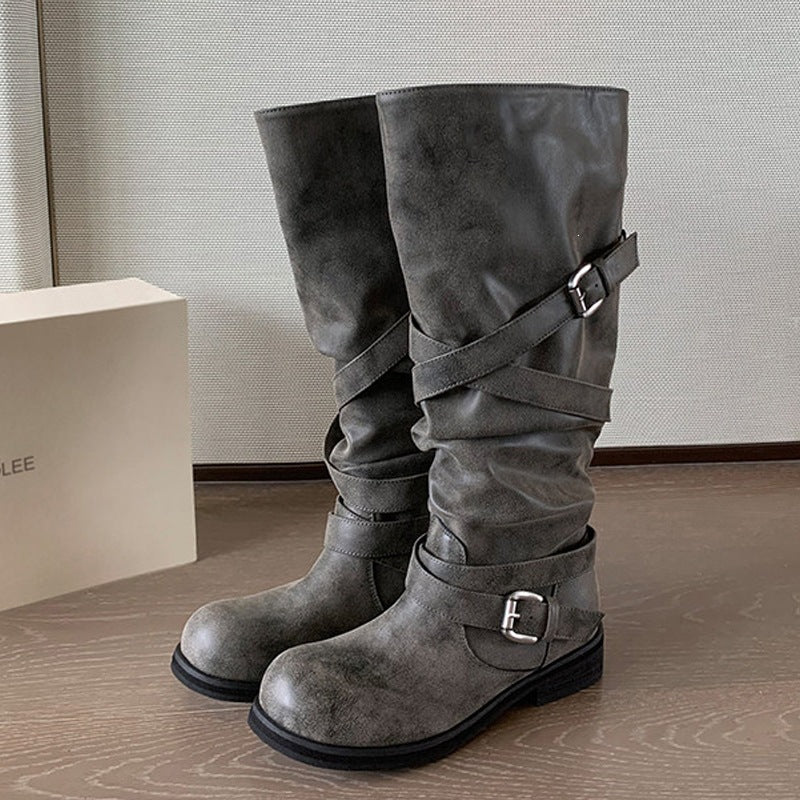 Cryswrap Buckle Strap Knee-High Boots – Suede Knee High Boots Women Casual Autumn Winter Ladies Biker Boots