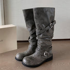 Cryswrap Buckle Strap Knee-High Boots – Suede Knee High Boots Women Casual Autumn Winter Ladies Biker Boots