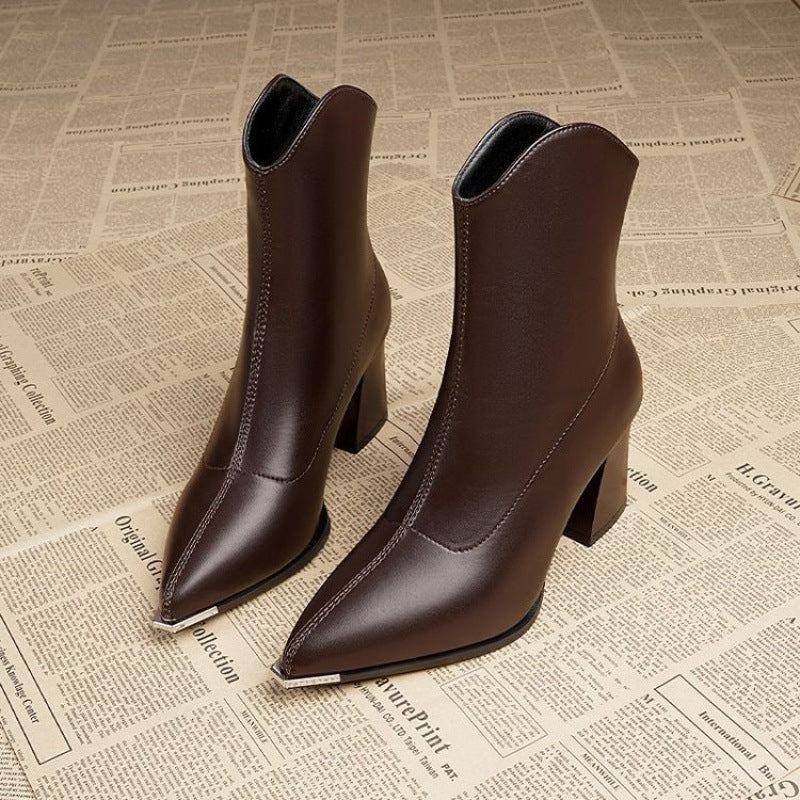 Mettora Leather Ankle Boots – Pointed Toe Heeled Women Ladies Black Ankle Boot Autumn Winter Retro