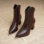 Mettora Leather Ankle Boots – Pointed Toe Heeled Women Ladies Black Ankle Boot Autumn Winter Retro