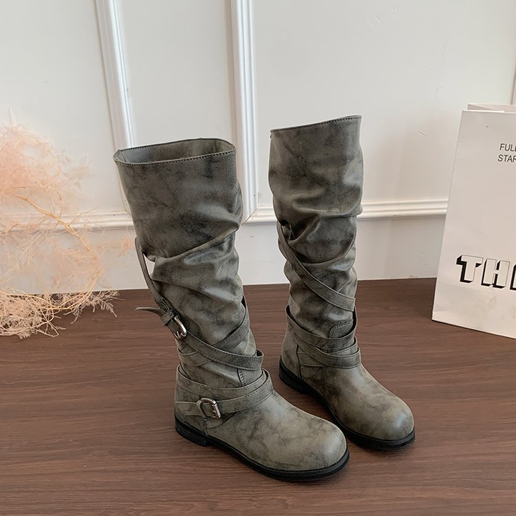 Triplux Buckle Strap Knee-High Boots – Women Flat Slouchy Mid-Calf Chunky Biker Boots