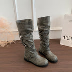 Triplux Buckle Strap Knee-High Boots – Women Flat Slouchy Mid-Calf Chunky Biker Boots