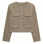 Flapoque Cropped Utility Jacket – Women Collarless Button Front Casual Office Autumn Cropped Jacket