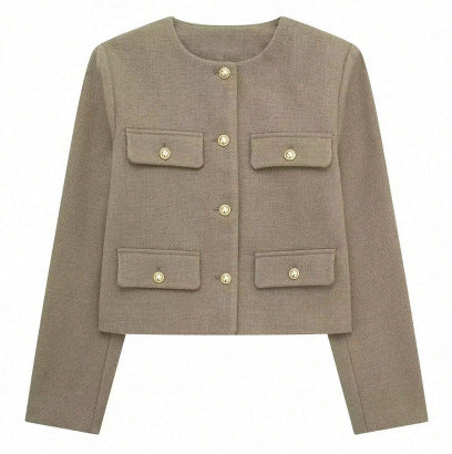 Flapoque Cropped Utility Jacket – Women Collarless Button Front Casual Office Autumn Cropped Jacket