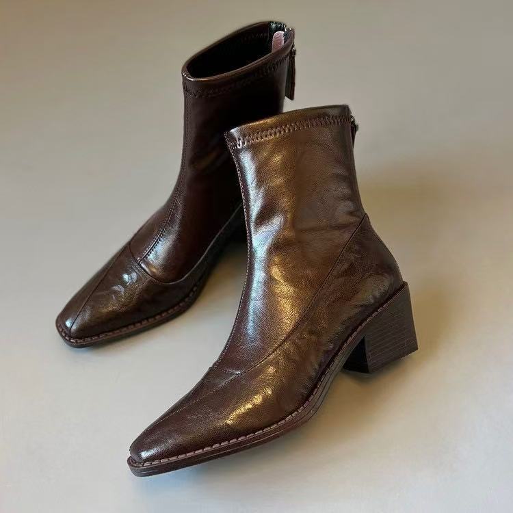 Strexia Stretch Sock Ankle Boots – Women Western Pointed Toe Block Heel Leather Ankle Boots