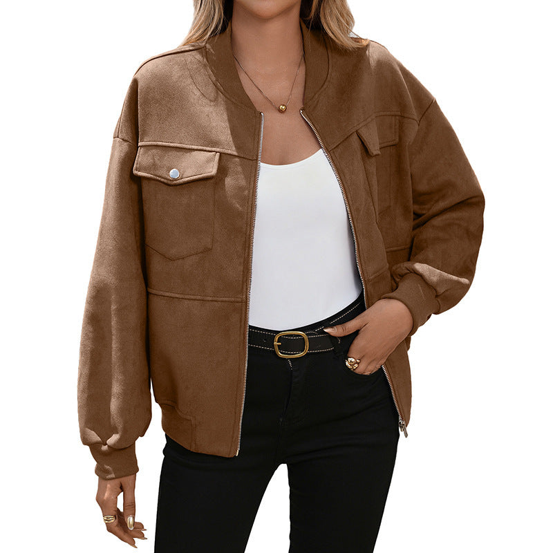 Yosembre Zip-Front Utility Jacket – Oversized Women Casual Autumn Workwear Chest Pocket Bomber Jacket