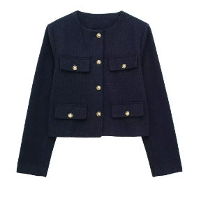 Flapoque Cropped Utility Jacket – Women Collarless Button Front Casual Office Autumn Cropped Jacket