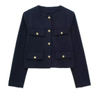 Flapoque Cropped Utility Jacket – Women Collarless Button Front Casual Office Autumn Cropped Jacket