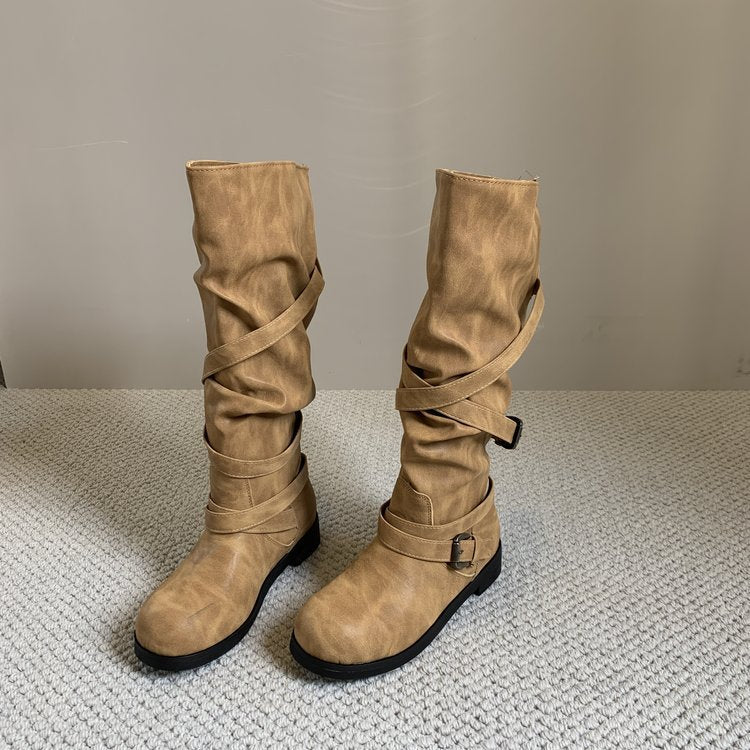 Triplux Buckle Strap Knee-High Boots – Women Flat Slouchy Mid-Calf Chunky Biker Boots
