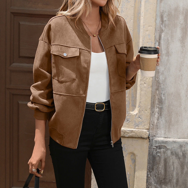 Yosembre Zip-Front Utility Jacket – Oversized Women Casual Autumn Workwear Chest Pocket Bomber Jacket