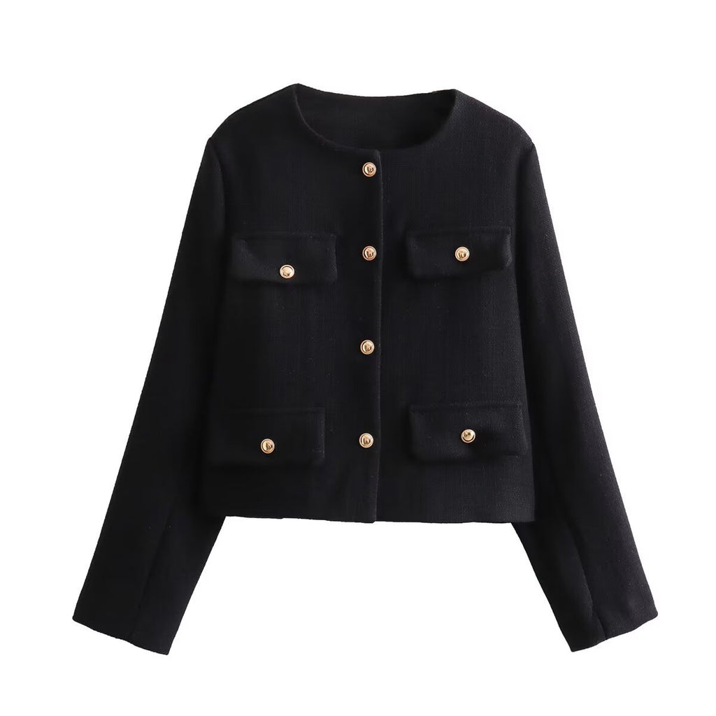Flapoque Cropped Utility Jacket – Women Collarless Button Front Casual Office Autumn Cropped Jacket