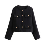 Flapoque Cropped Utility Jacket – Women Collarless Button Front Casual Office Autumn Cropped Jacket