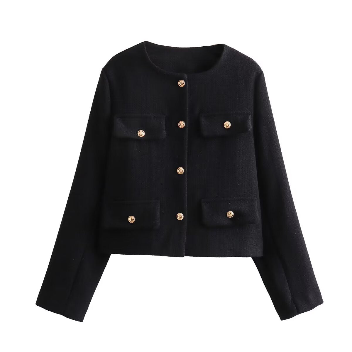 Flapoque Cropped Utility Jacket – Women Collarless Button Front Casual Office Autumn Cropped Jacket