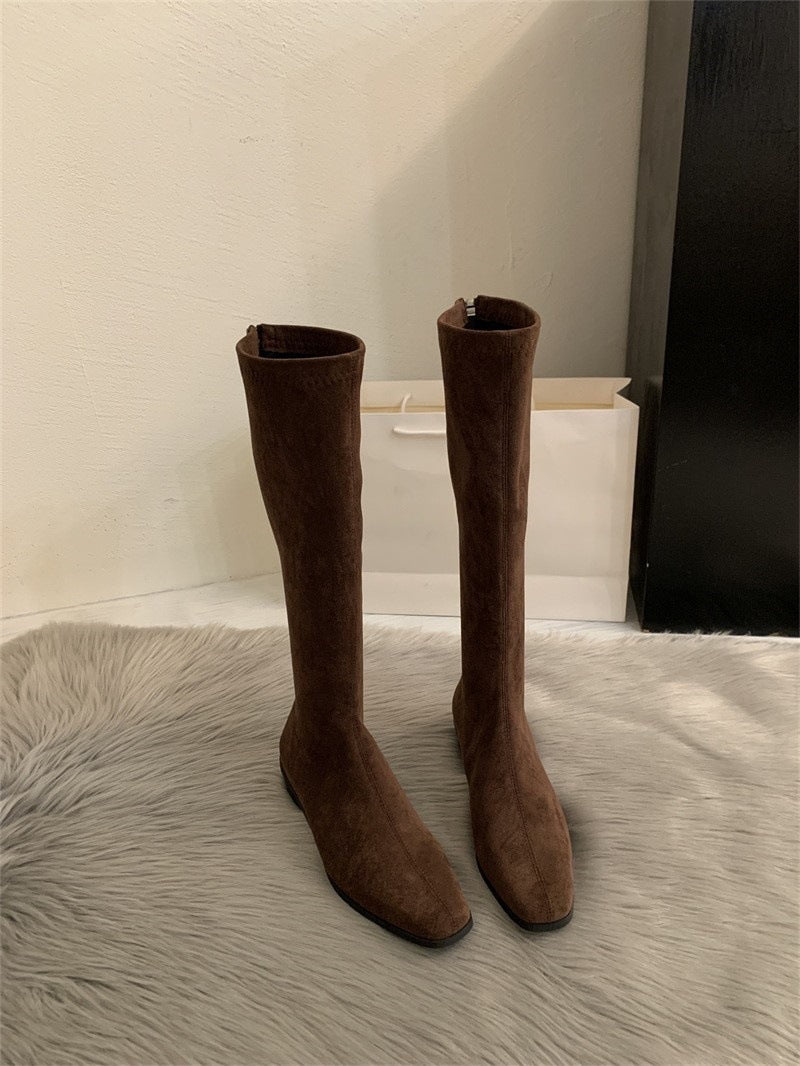 Squaryn Suede Knee-High Flat Boots – Women Autumn Winter Korean Style Mid-Calf Knight Boots