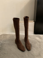 Squaryn Suede Knee-High Flat Boots – Women Autumn Winter Korean Style Mid-Calf Knight Boots
