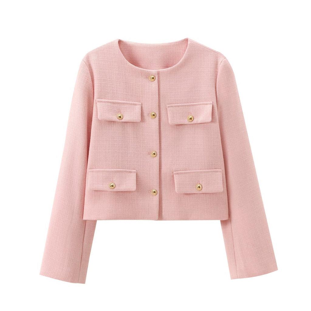 Flapoque Cropped Utility Jacket – Women Collarless Button Front Casual Office Autumn Cropped Jacket