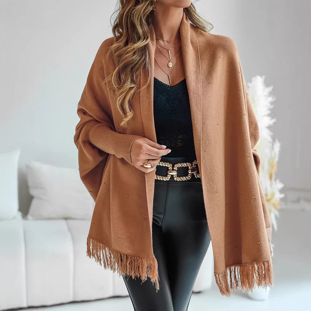 Riblova Fringed Poncho Wrap – Women Knit Shawl Cardigan Autumn Winter Oversized Poncho