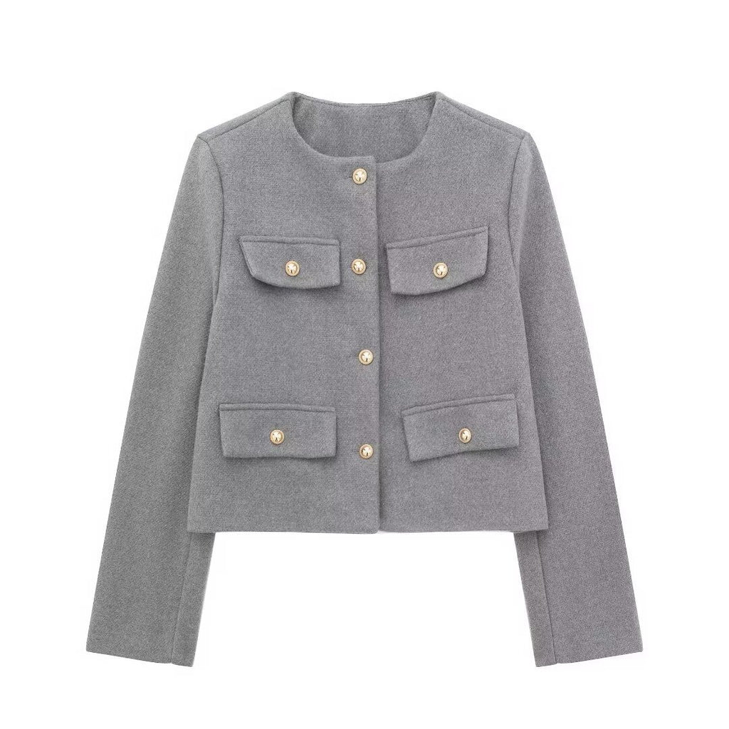 Flapoque Cropped Utility Jacket – Women Collarless Button Front Casual Office Autumn Cropped Jacket