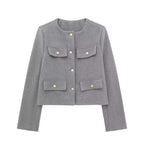 Flapoque Cropped Utility Jacket – Women Collarless Button Front Casual Office Autumn Cropped Jacket
