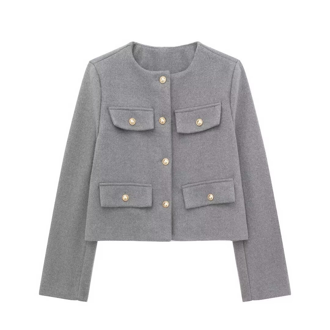 Flapoque Cropped Utility Jacket – Women Collarless Button Front Casual Office Autumn Cropped Jacket
