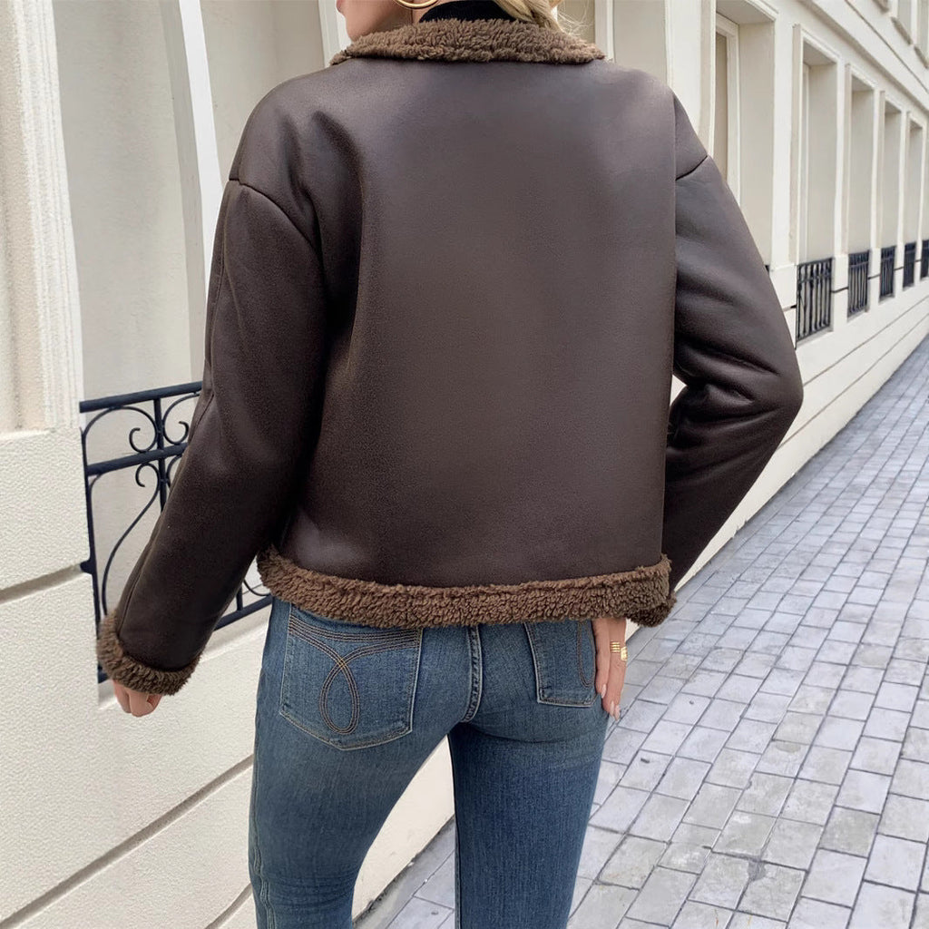 Shearyn Cropped Shearling Trim Jacket – Women Teddy Fleece Button Front Casual Office Collarless Crop Jacket