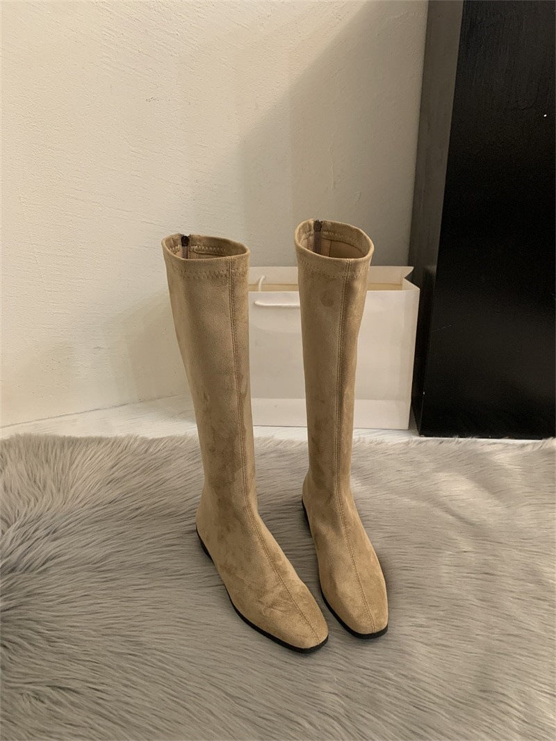 Squaryn Suede Knee-High Flat Boots – Women Autumn Winter Korean Style Mid-Calf Knight Boots
