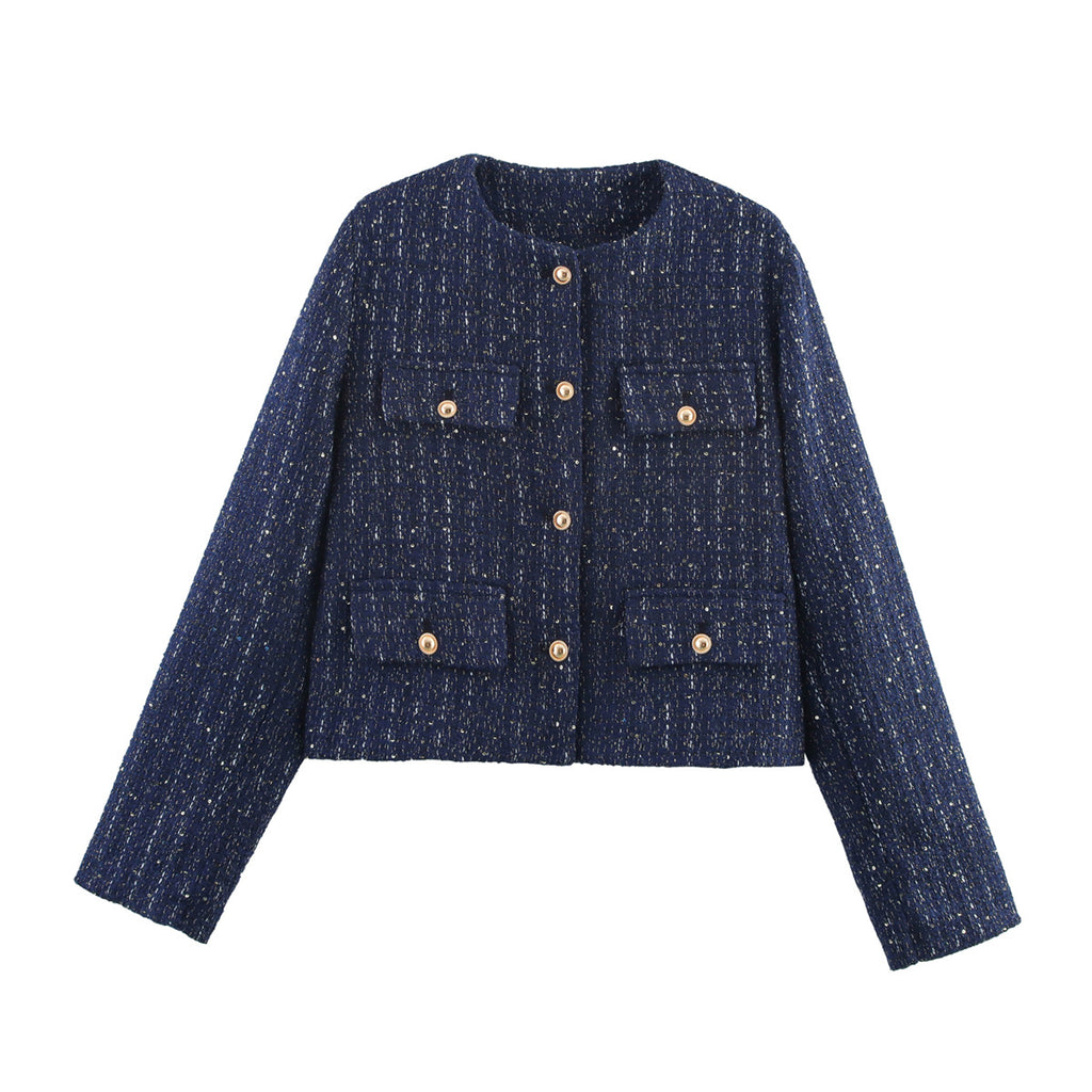 Flapoque Cropped Utility Jacket – Women Collarless Button Front Casual Office Autumn Cropped Jacket