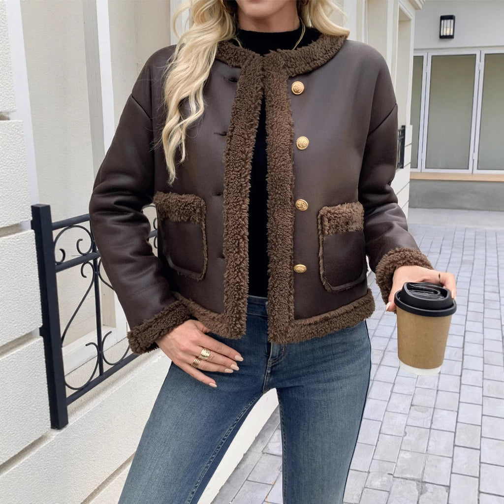 Shearyn Cropped Shearling Trim Jacket – Women Teddy Fleece Button Front Casual Office Collarless Crop Jacket