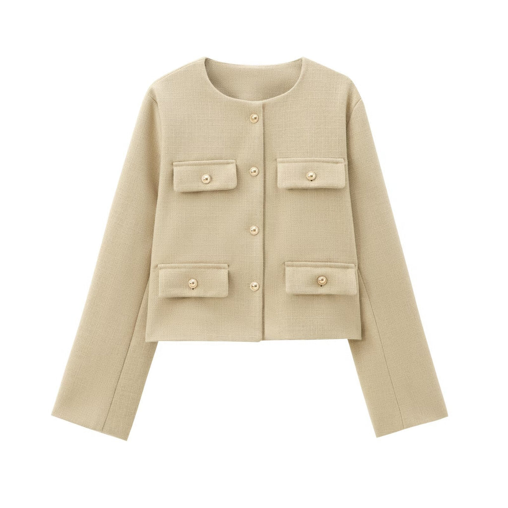 Flapoque Cropped Utility Jacket – Women Collarless Button Front Casual Office Autumn Cropped Jacket