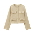 Flapoque Cropped Utility Jacket – Women Collarless Button Front Casual Office Autumn Cropped Jacket