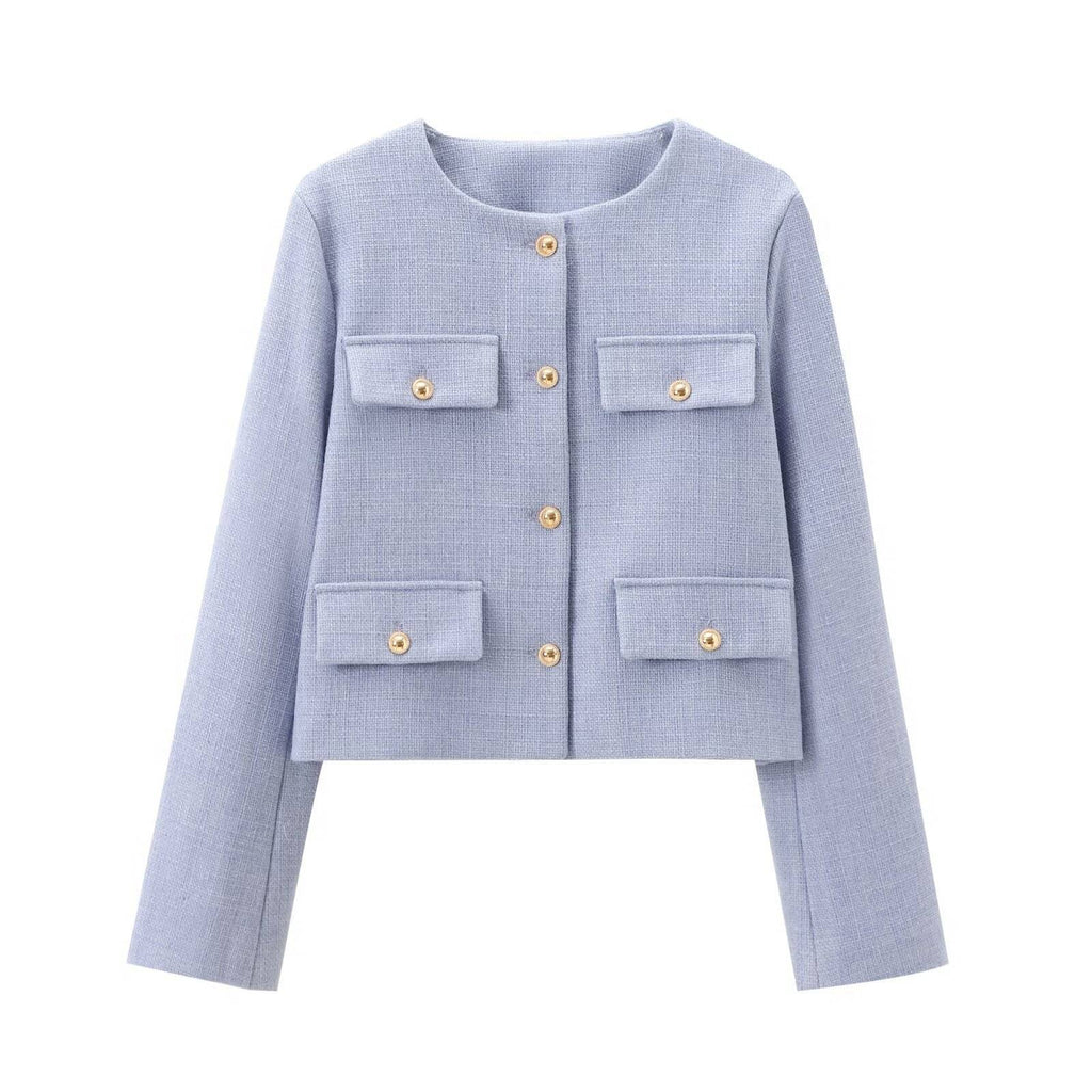 Flapoque Cropped Utility Jacket – Women Collarless Button Front Casual Office Autumn Cropped Jacket