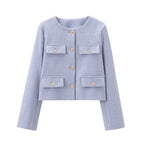 Flapoque Cropped Utility Jacket – Women Collarless Button Front Casual Office Autumn Cropped Jacket