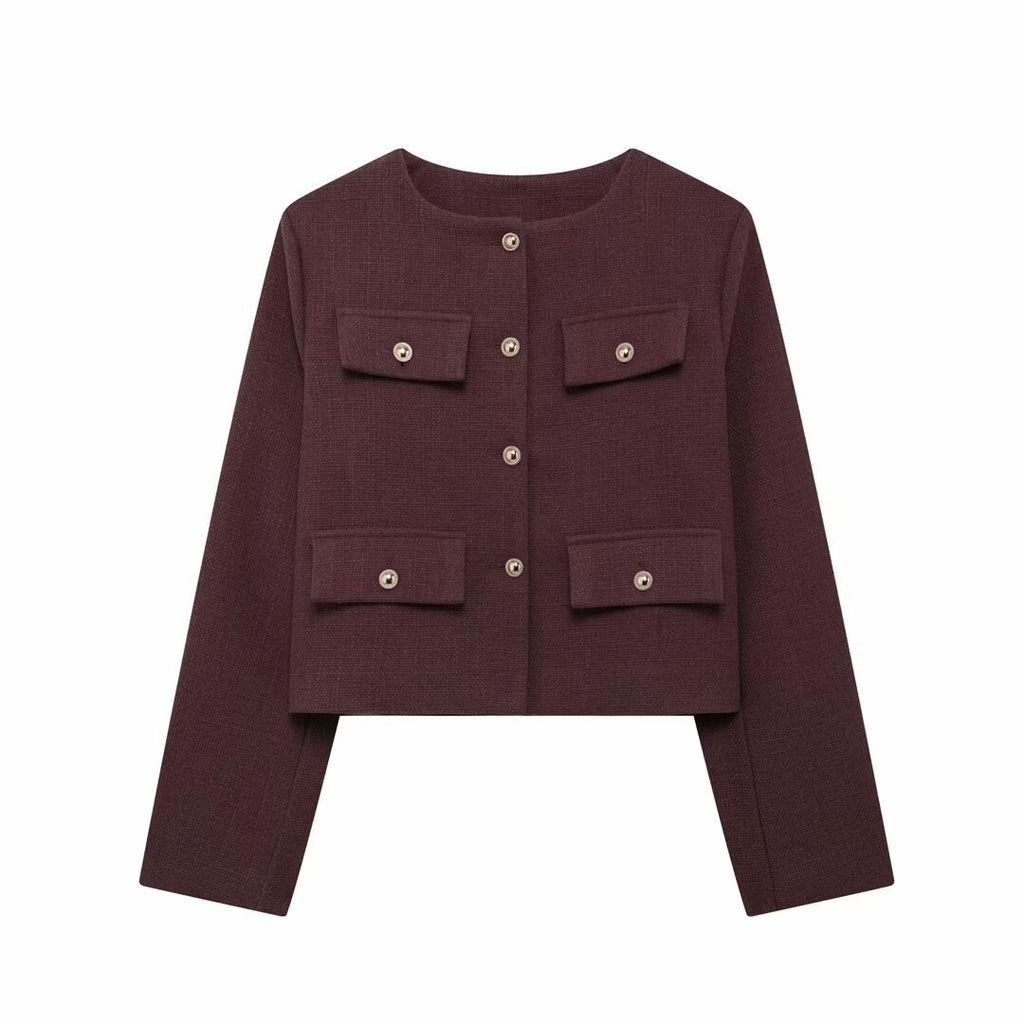 Flapoque Cropped Utility Jacket – Women Collarless Button Front Casual Office Autumn Cropped Jacket
