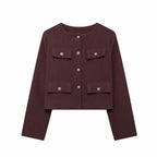 Flapoque Cropped Utility Jacket – Women Collarless Button Front Casual Office Autumn Cropped Jacket