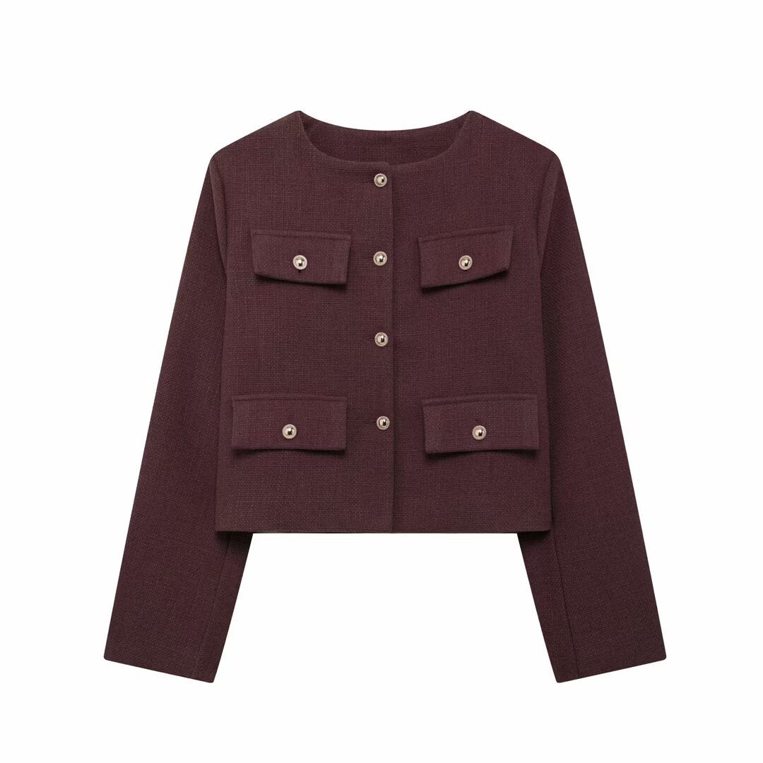 Flapoque Cropped Utility Jacket – Women Collarless Button Front Casual Office Autumn Cropped Jacket