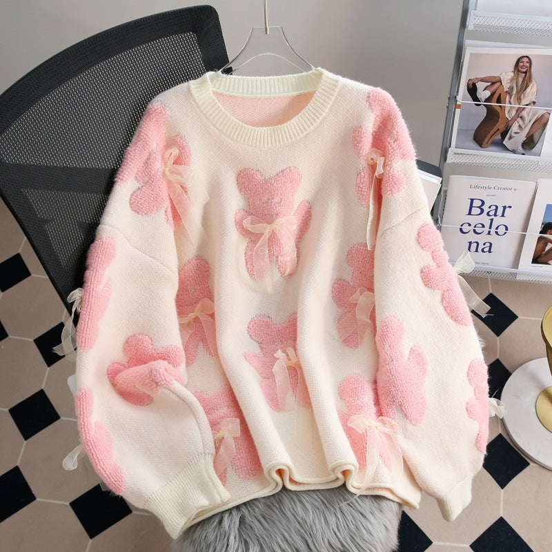 Teddow Appliqué Oversized Jumper – Teddy Bear Knitted Sweater Women Fluffy Casual Autumn Knitwear