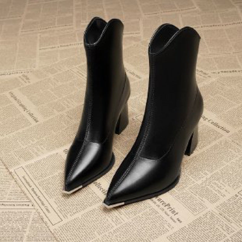 Mettora Leather Ankle Boots – Pointed Toe Heeled Women Ladies Black Ankle Boot Autumn Winter Retro
