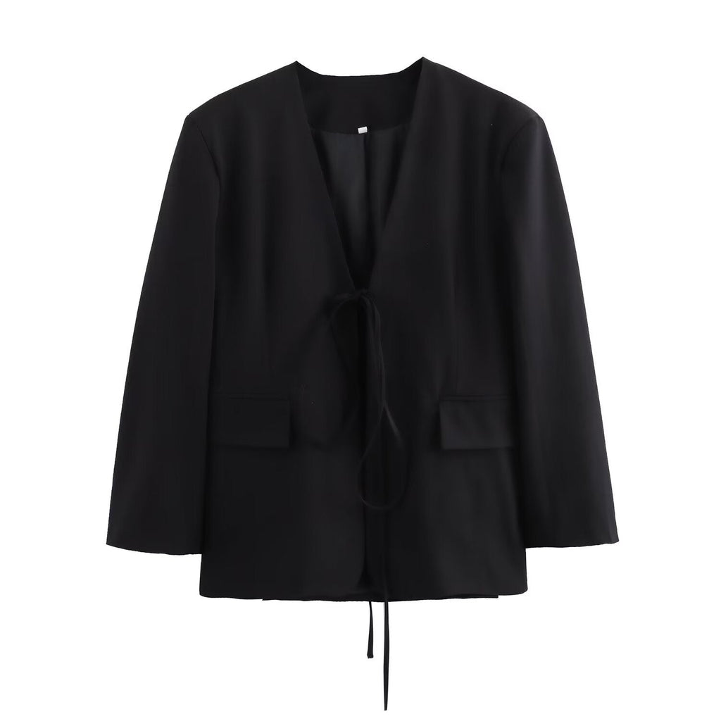 Tydraice Tie-Front Blazer – Women Oversized Deep V-Neck Tailored Office Casual Autumn Fall Blazer