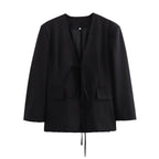 Tydraice Tie-Front Blazer – Women Oversized Deep V-Neck Tailored Office Casual Autumn Fall Blazer