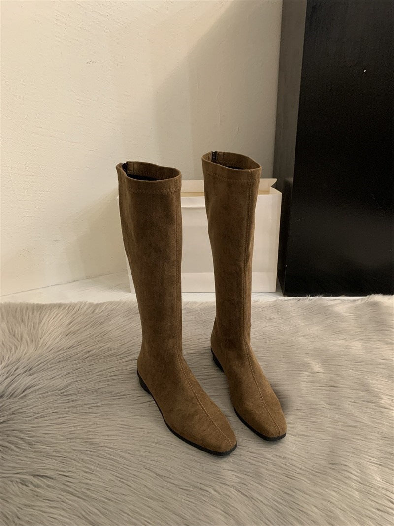 Squaryn Suede Knee-High Flat Boots – Women Autumn Winter Korean Style Mid-Calf Knight Boots