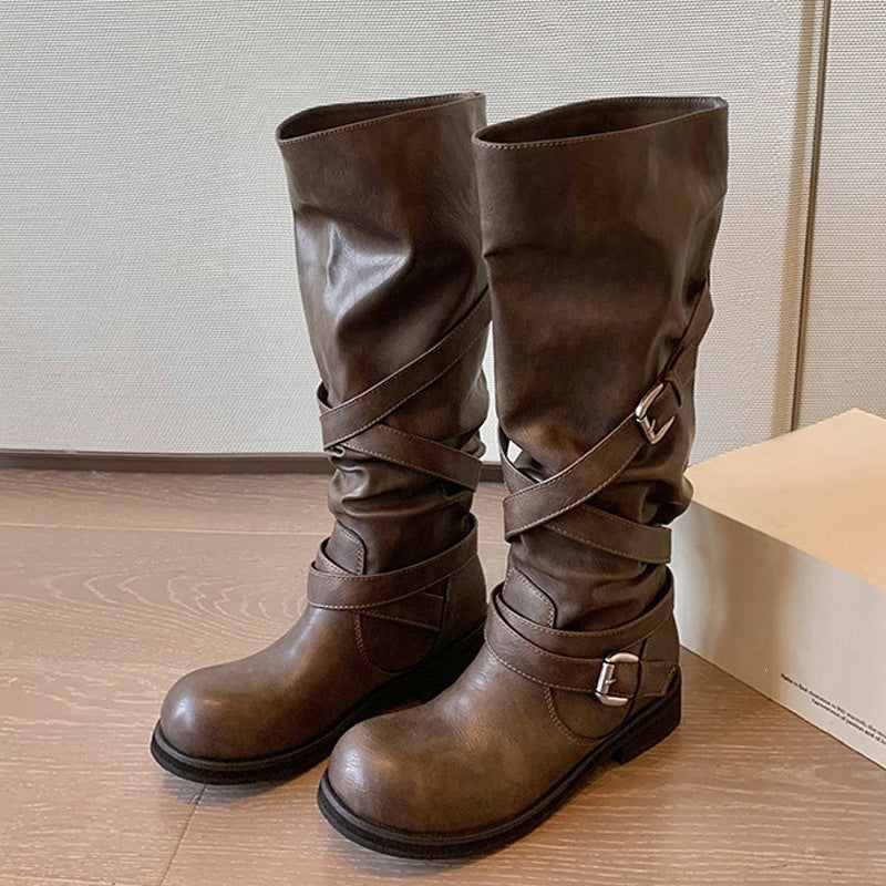 Cryswrap Buckle Strap Knee-High Boots – Suede Knee High Boots Women Casual Autumn Winter Ladies Biker Boots