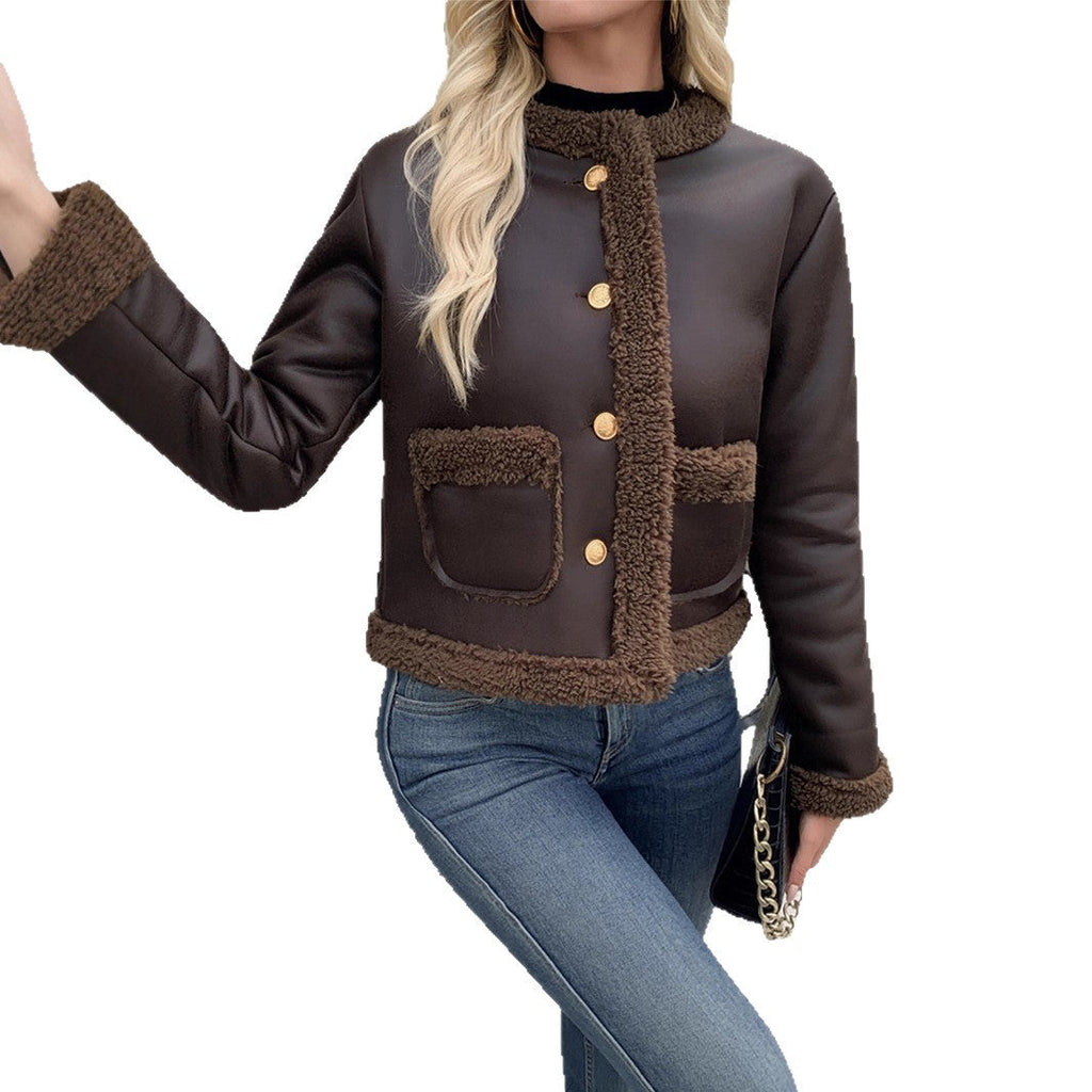Shearyn Cropped Shearling Trim Jacket – Women Teddy Fleece Button Front Casual Office Collarless Crop Jacket