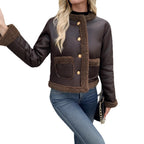 Shearyn Cropped Shearling Trim Jacket – Women Teddy Fleece Button Front Casual Office Collarless Crop Jacket